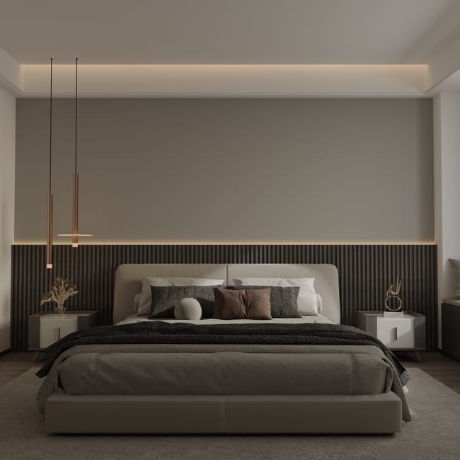 Finished bedroom with smooth two-tone wall paint